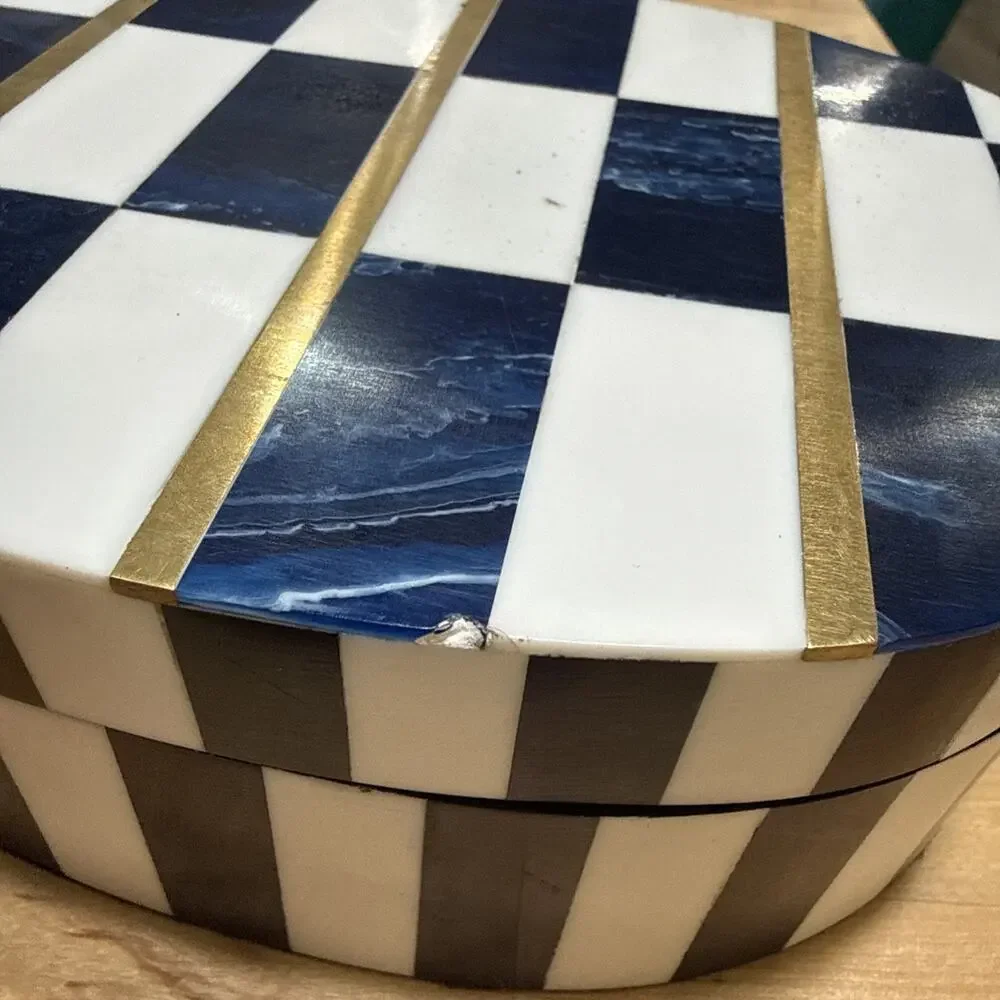 Vintage Navy Gold & White Jewelry Box Trinket 5.5 & 7”made of Bone & Resin
